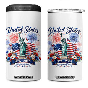 250th Anniversary USA 4 in 1 Can Cooler Tumbler Patriotic Liberty Floral 250 Years American 4th July 1776 2026 TS10 One Size: 16 oz White Print Your Wear