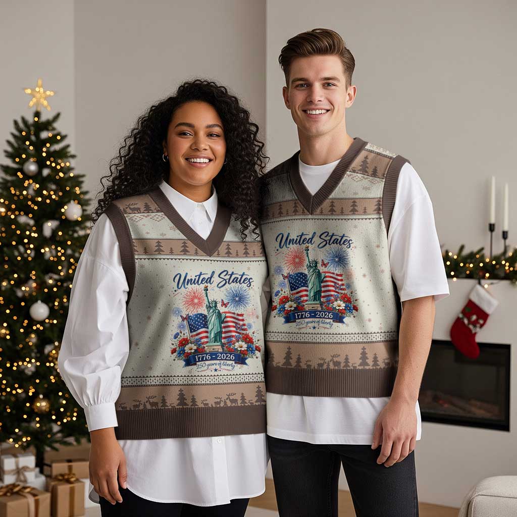 250th Anniversary USA V-Neck Knit Sweater Vest Patriotic Liberty Floral 250 Years American 4th July 1776 2026 TS10 Mocha Mousse Print Your Wear