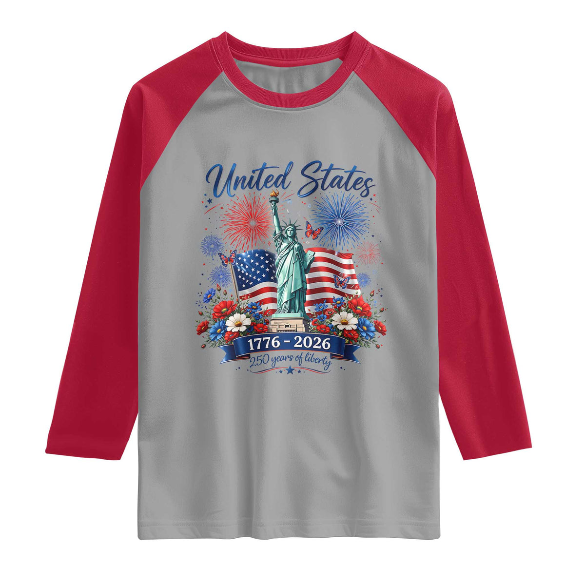 250th Anniversary USA Raglan Shirt Patriotic Liberty Floral 250 Years American 4th July 1776 2026 TS10 Sport Gray Red Print Your Wear