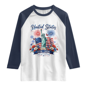 250th Anniversary USA Raglan Shirt Patriotic Liberty Floral 250 Years American 4th July 1776 2026 TS10 White Navy Print Your Wear