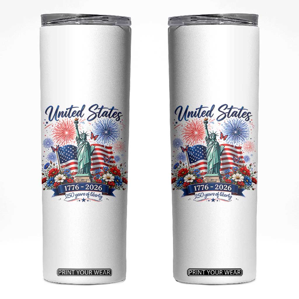 250th Anniversary USA Skinny Tumbler Patriotic Liberty Floral 250 Years American 4th July 1776 2026 TS10 White Print Your Wear