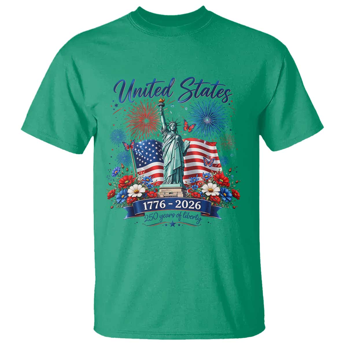 250th Anniversary USA T Shirt Patriotic Liberty Floral 250 Years American 4th July 1776 2026 TS10 Irish Green Print Your Wear