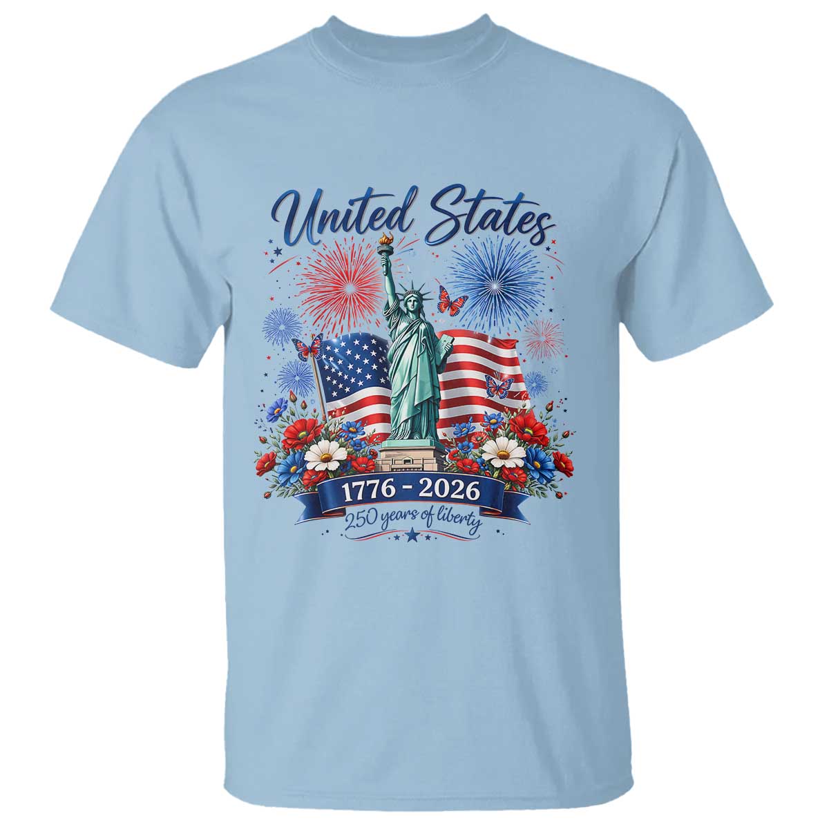 250th Anniversary USA T Shirt Patriotic Liberty Floral 250 Years American 4th July 1776 2026 TS10 Light Blue Print Your Wear