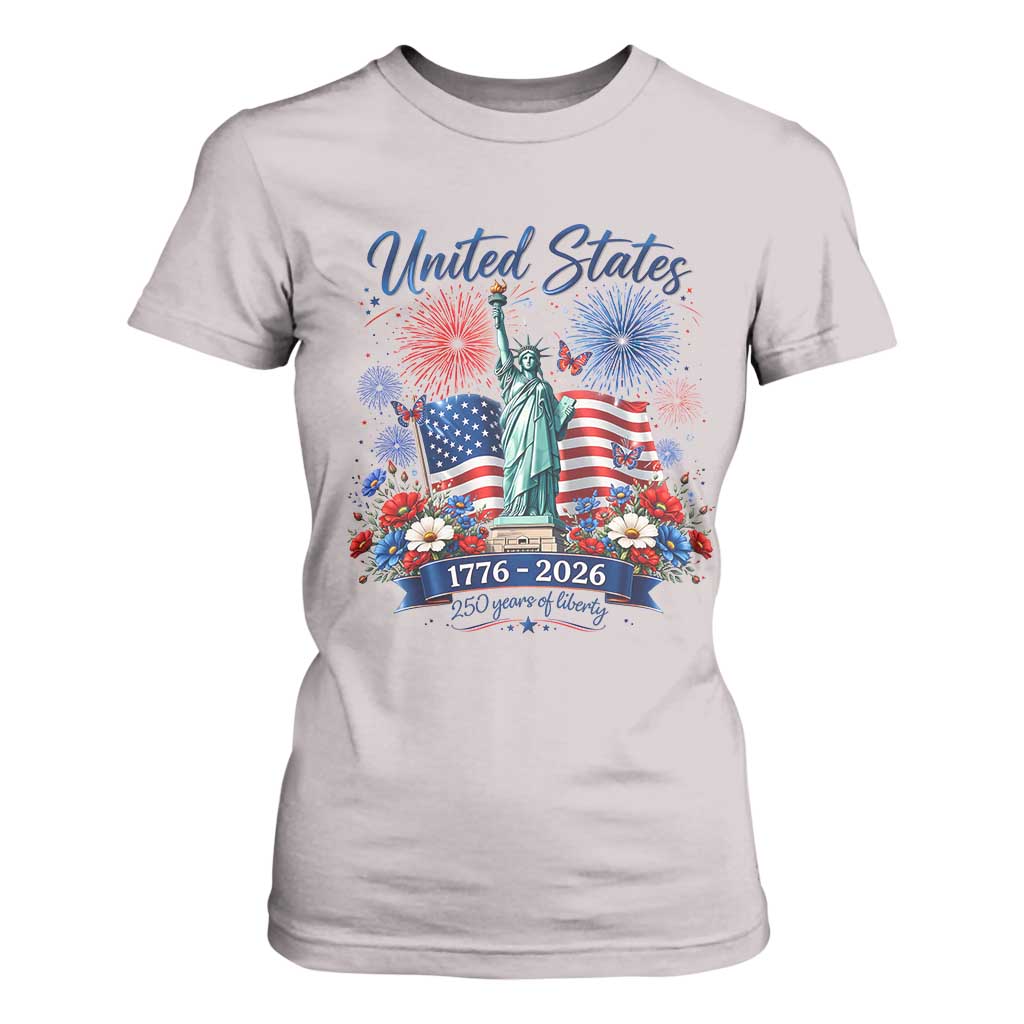 250th Anniversary USA T Shirt For Women Patriotic Liberty Floral 250 Years American 4th July 1776 2026 TS10 Ice Gray Print Your Wear