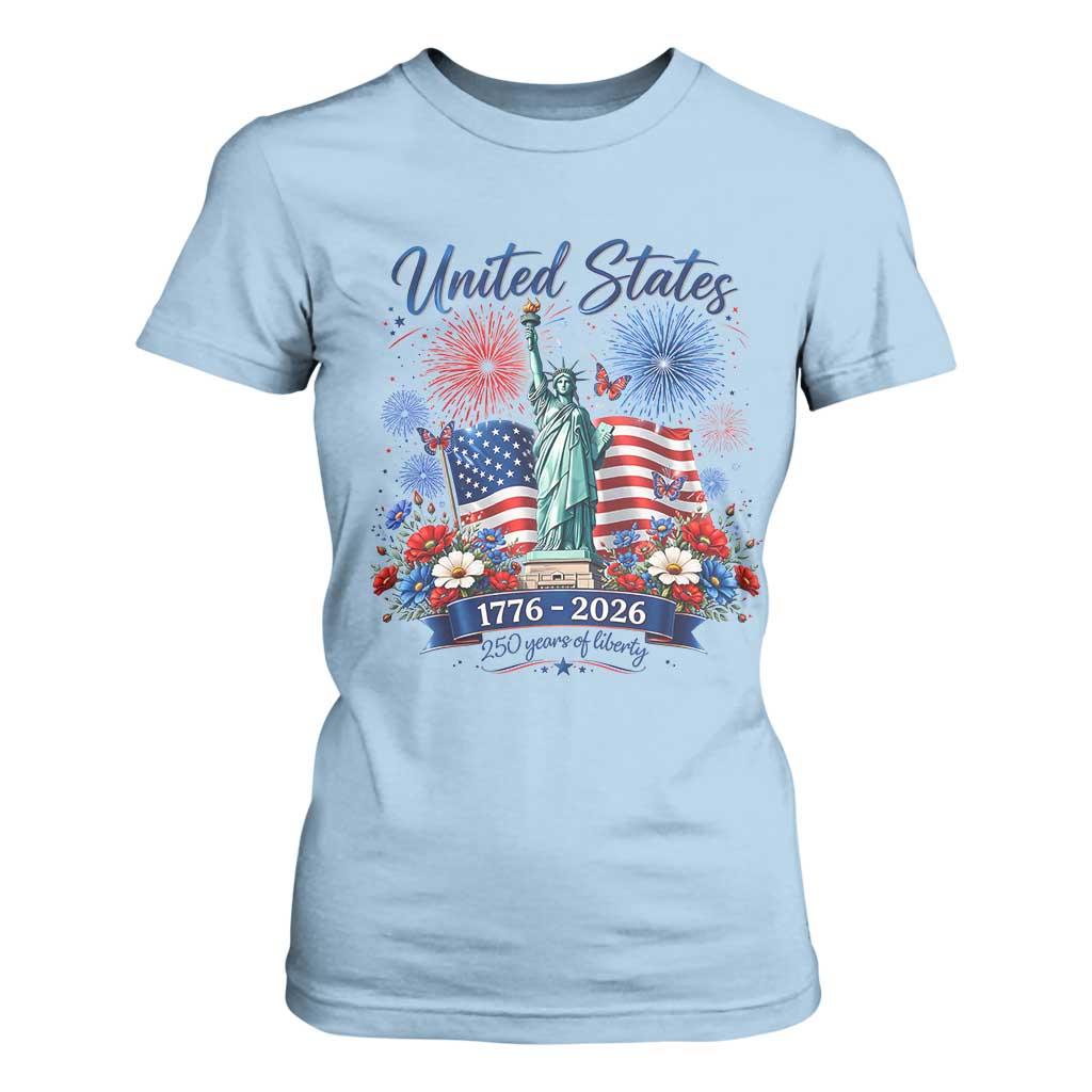 250th Anniversary USA T Shirt For Women Patriotic Liberty Floral 250 Years American 4th July 1776 2026 TS10 Light Blue Print Your Wear