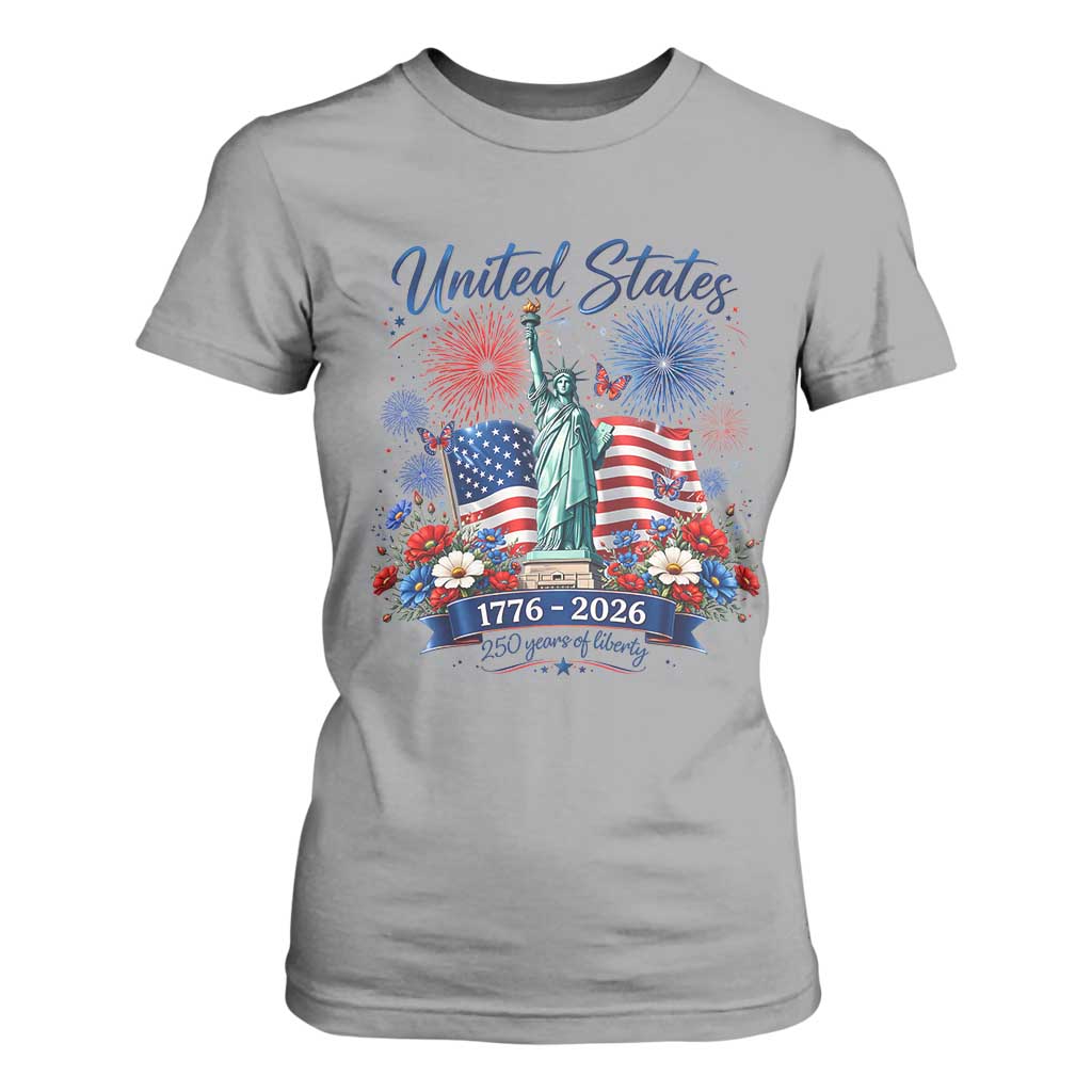250th Anniversary USA T Shirt For Women Patriotic Liberty Floral 250 Years American 4th July 1776 2026 TS10 Sport Gray Print Your Wear