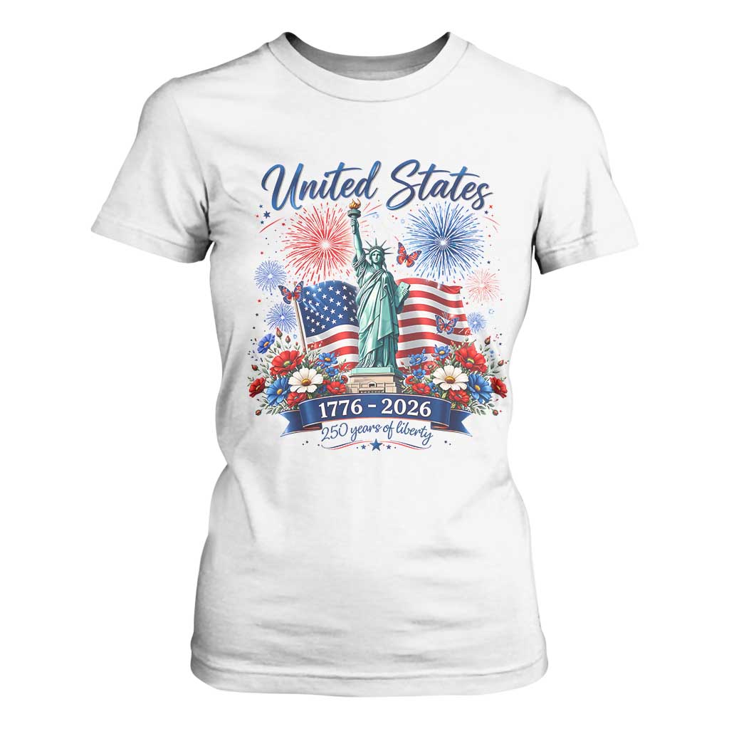 250th Anniversary USA T Shirt For Women Patriotic Liberty Floral 250 Years American 4th July 1776 2026 TS10 White Print Your Wear