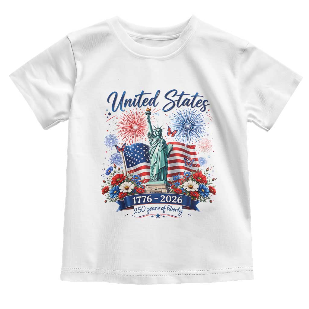 250th Anniversary USA Toddler T Shirt Patriotic Liberty Floral 250 Years American 4th July 1776 2026 TS10 White Print Your Wear