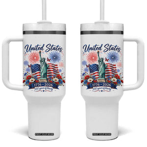 250th Anniversary USA Tumbler With Handle Patriotic Liberty Floral 250 Years American 4th July 1776 2026 TS10 One Size: 40 oz White Print Your Wear