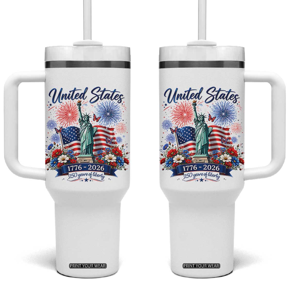 250th Anniversary USA Tumbler With Handle Patriotic Liberty Floral 250 Years American 4th July 1776 2026 TS10 One Size: 40 oz White Print Your Wear