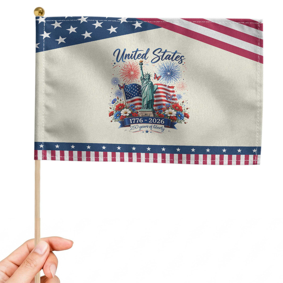 250th Anniversary USA Patriotic Handheld Flag Liberty Floral 250 Years American 4th July 1776 2026 TS10 Modern 8.2