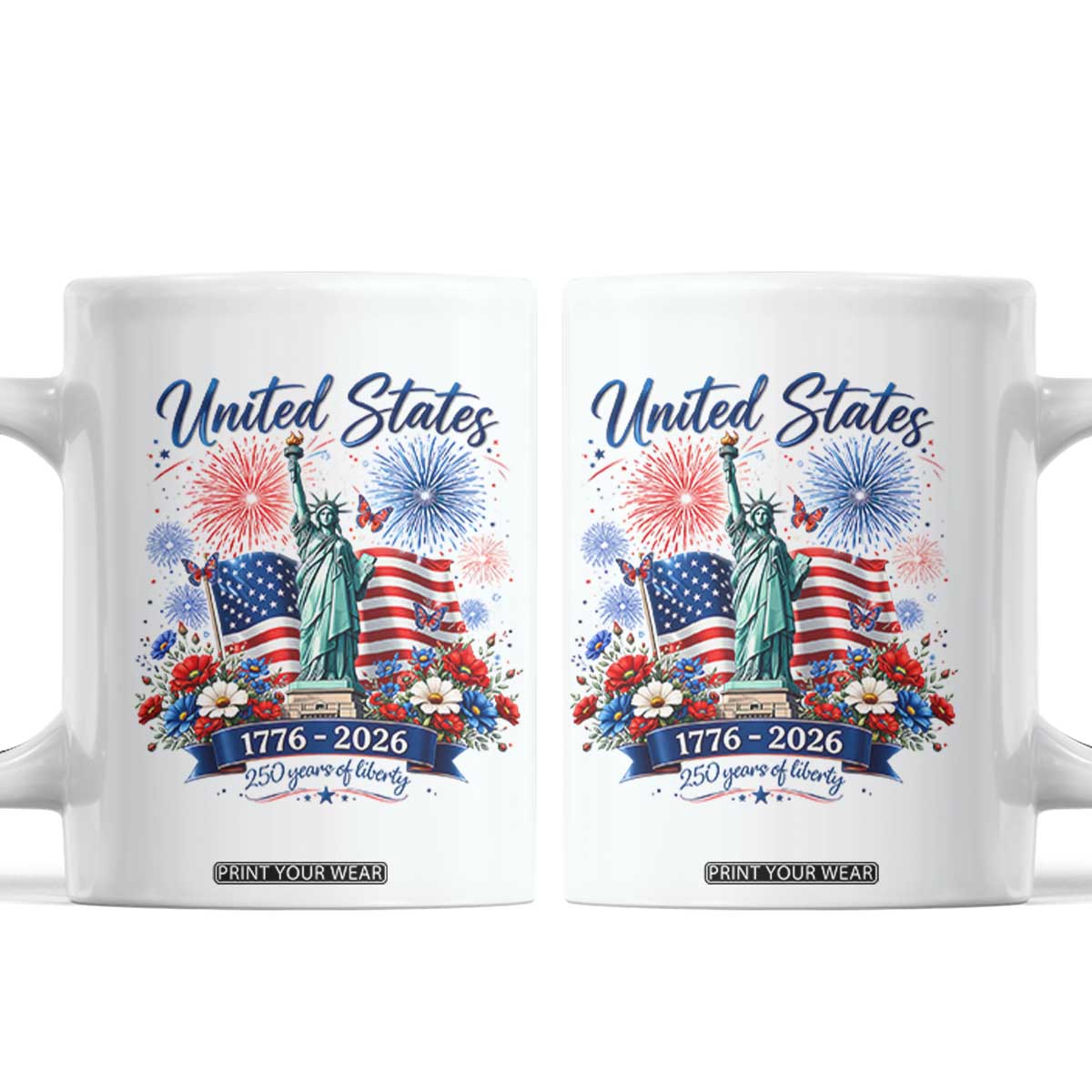 250th Anniversary USA Coffee Mug Patriotic Liberty Floral 250 Years American 4th July 1776 2026 TS10 White Print Your Wear