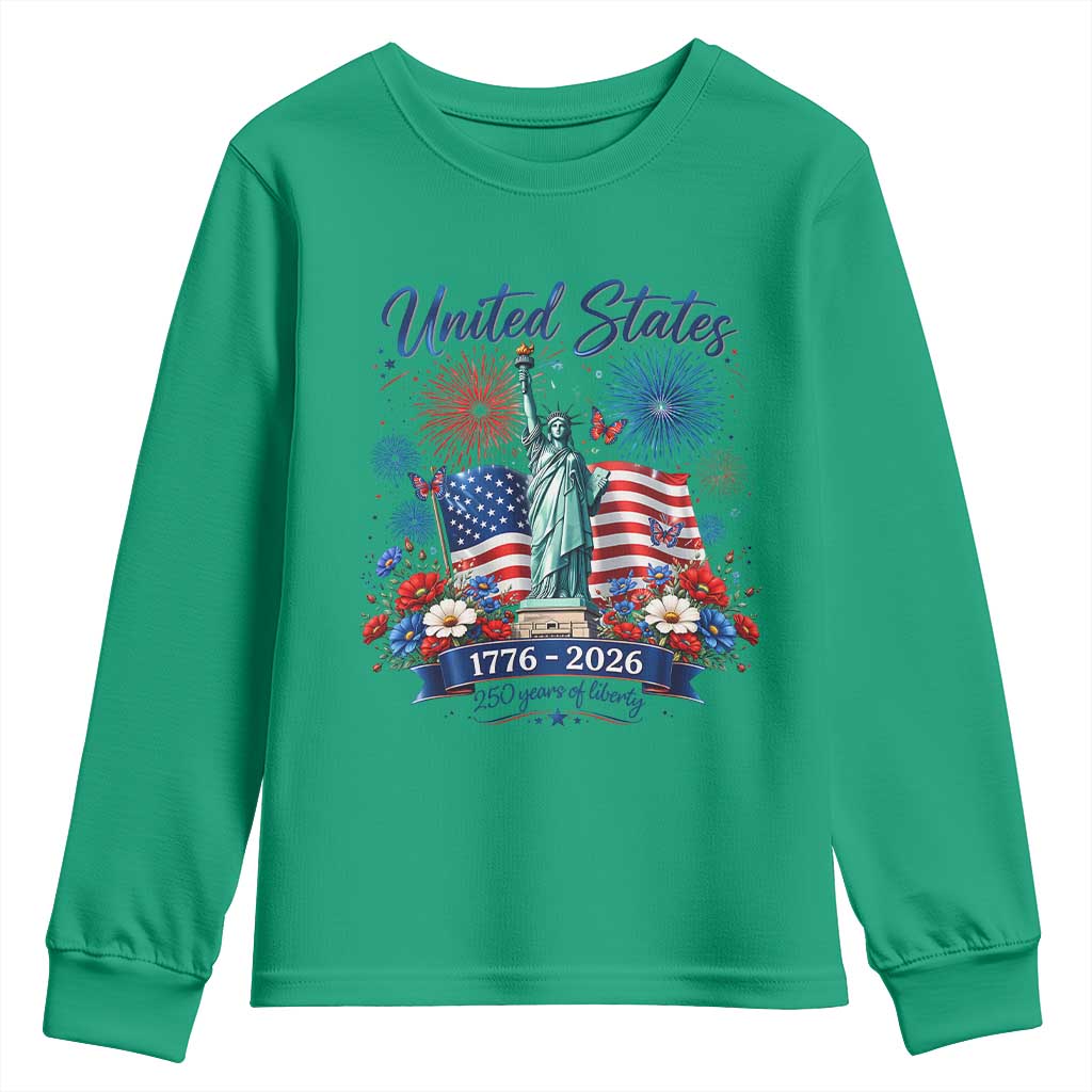 250th Anniversary USA Youth Sweatshirt Patriotic Liberty Floral 250 Years American 4th July 1776 2026 TS10 Irish Green Print Your Wear