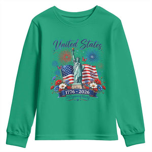 250th Anniversary USA Youth Sweatshirt Patriotic Liberty Floral 250 Years American 4th July 1776 2026 TS10 Irish Green Print Your Wear