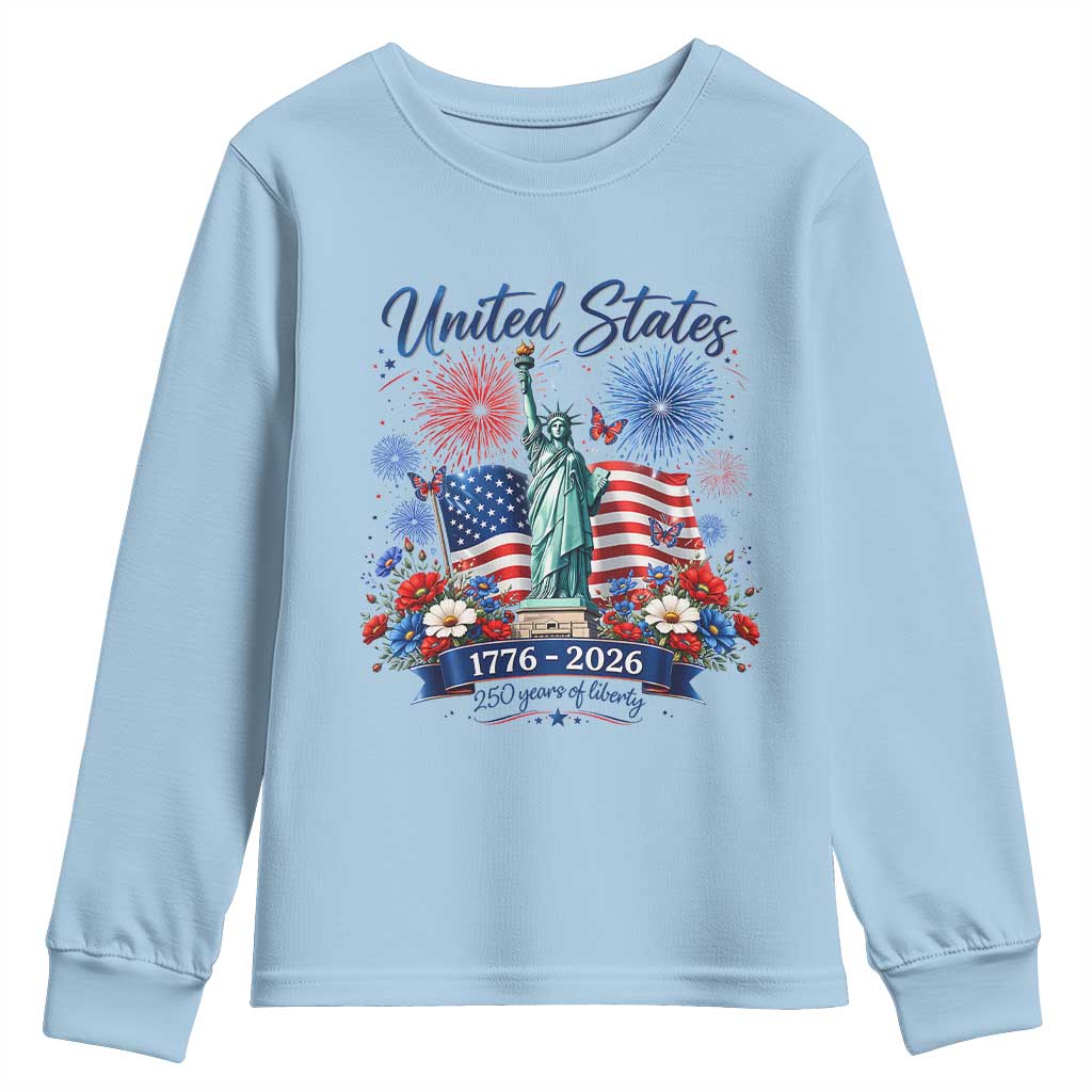 250th Anniversary USA Youth Sweatshirt Patriotic Liberty Floral 250 Years American 4th July 1776 2026 TS10 Light Blue Print Your Wear
