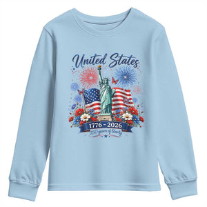 250th Anniversary USA Youth Sweatshirt Patriotic Liberty Floral 250 Years American 4th July 1776 2026 TS10 Light Blue Print Your Wear