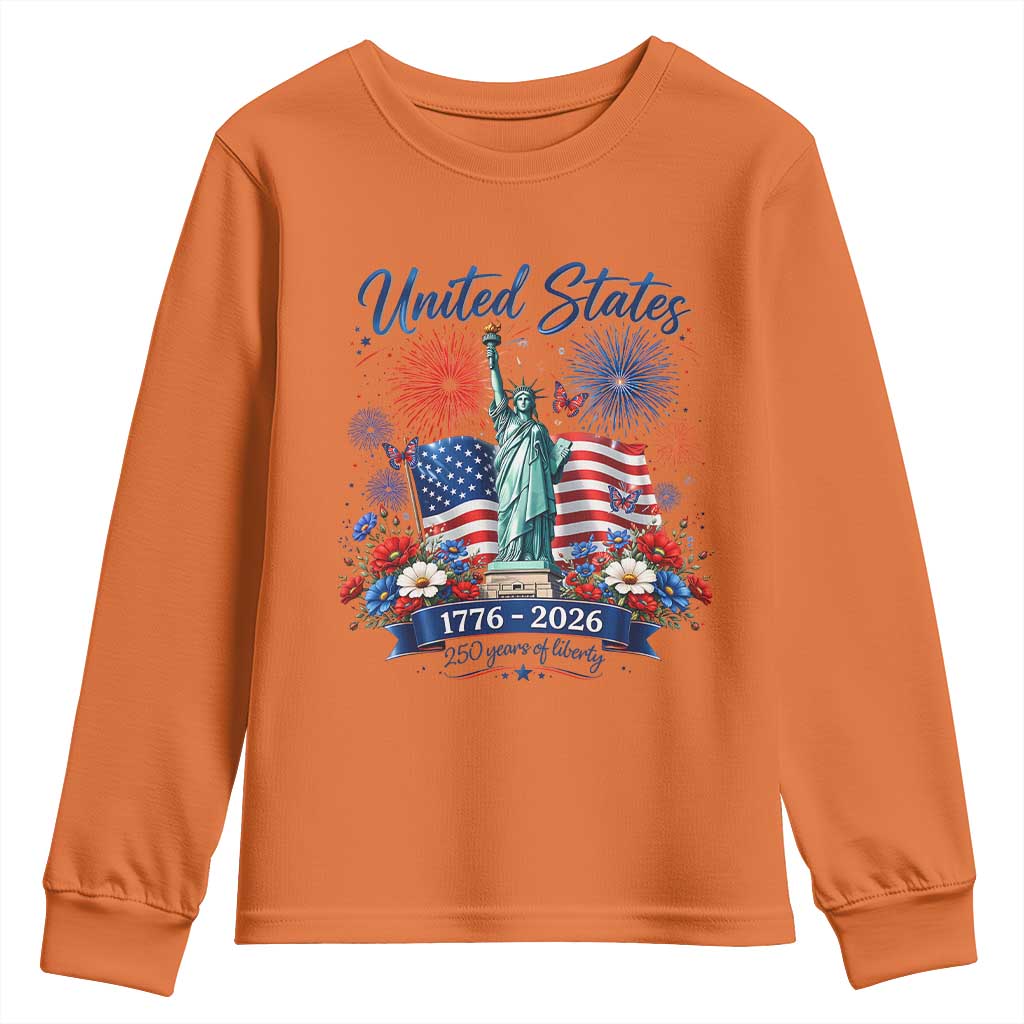 250th Anniversary USA Youth Sweatshirt Patriotic Liberty Floral 250 Years American 4th July 1776 2026 TS10 Orange Print Your Wear