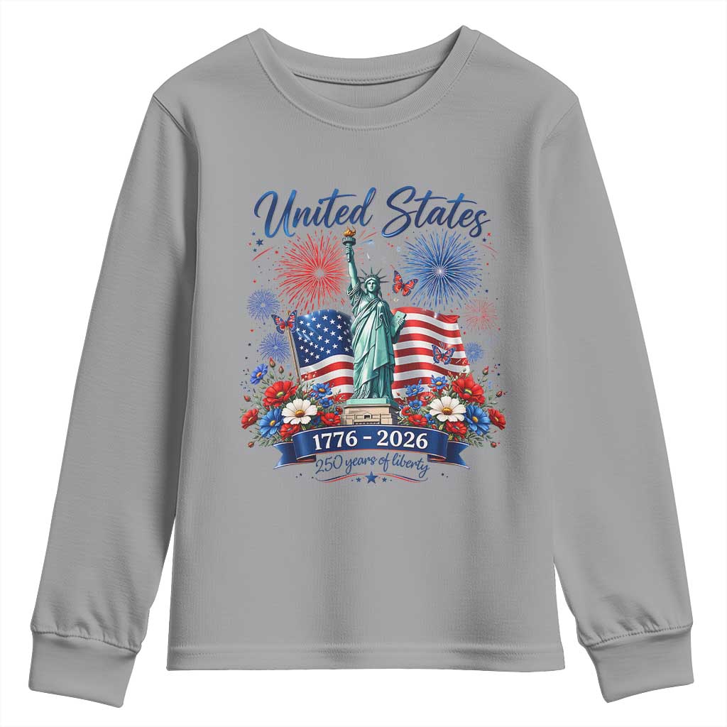 250th Anniversary USA Youth Sweatshirt Patriotic Liberty Floral 250 Years American 4th July 1776 2026 TS10 Sport Gray Print Your Wear