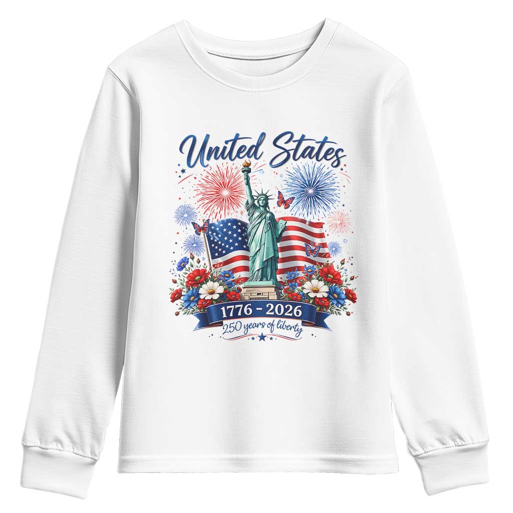 250th Anniversary USA Youth Sweatshirt Patriotic Liberty Floral 250 Years American 4th July 1776 2026 TS10 White Print Your Wear