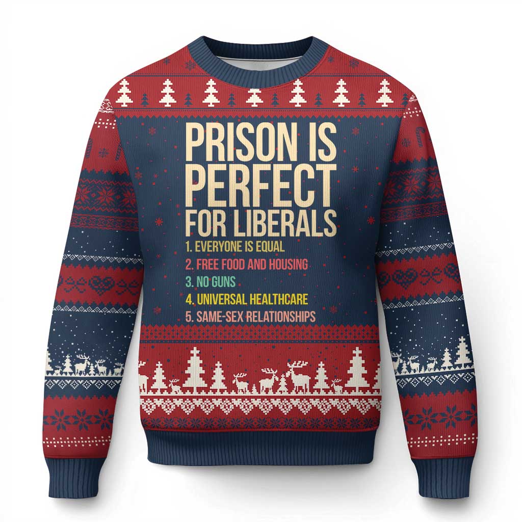 Prison Is Perfect For Liberals Ugly Christmas Sweater Funny Anti Liberal Quote Satire Statement Subtle FDT Political Humor TS10 Navy Red Print Your Wear