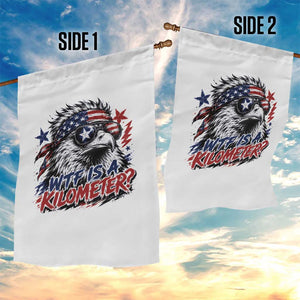 Funny 4th Of July WTF Is A Kilometer Garden Flag Vintage USA Meme Patriotic Eagle Humor Independence Day