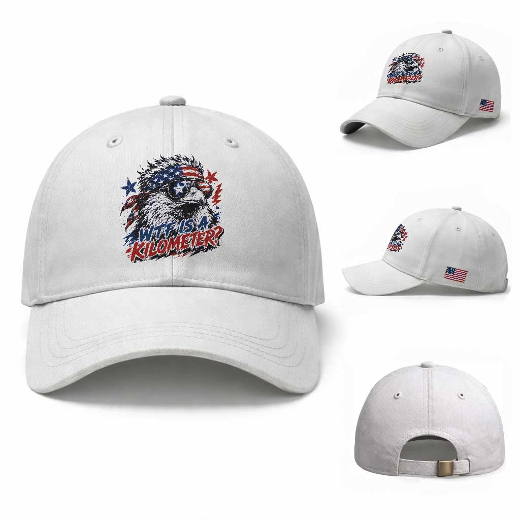 Funny 4th Of July WTF Is A Kilometer Baseball Cap Vintage USA Meme Patriotic Eagle Humor Independence Day
