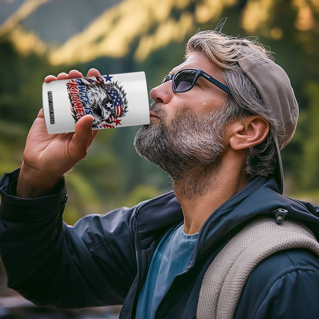 Funny 4th Of July WTF Is A Kilometer 4 in 1 Can Cooler Tumbler Vintage USA Meme Patriotic Eagle Humor Independence Day