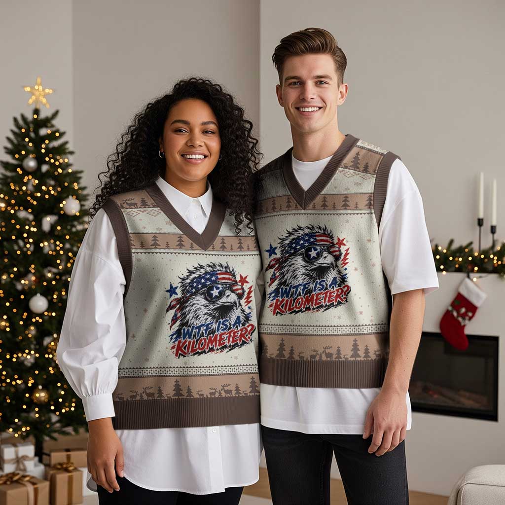 Funny 4th Of July WTF Is A Kilometer V-Neck Knit Sweater Vest Vintage USA Meme Patriotic Eagle Humor Independence Day