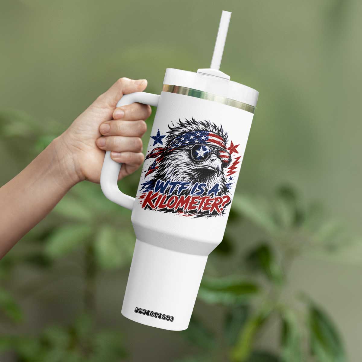 Funny 4th Of July WTF Is A Kilometer Tumbler With Handle Vintage USA Meme Patriotic Eagle Humor Independence Day