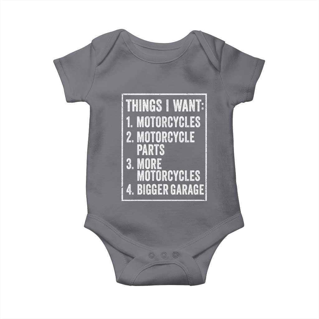 Funny Motorcycle Lovers Baby Onesie Things I Want Vintage Garage Graphic Bikers Club TS10 Charcoal Print Your Wear