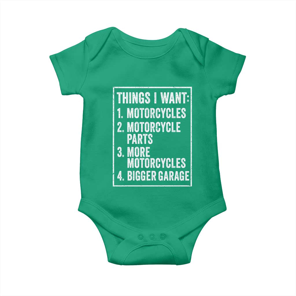 Funny Motorcycle Lovers Baby Onesie Things I Want Vintage Garage Graphic Bikers Club TS10 Irish Green Print Your Wear
