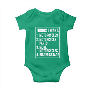 Funny Motorcycle Lovers Baby Onesie Things I Want Vintage Garage Graphic Bikers Club TS10 Irish Green Print Your Wear
