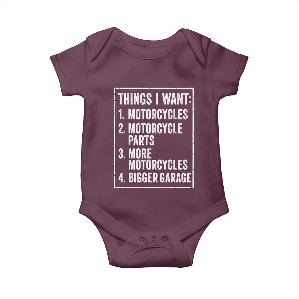 Funny Motorcycle Lovers Baby Onesie Things I Want Vintage Garage Graphic Bikers Club TS10 Maroon Print Your Wear