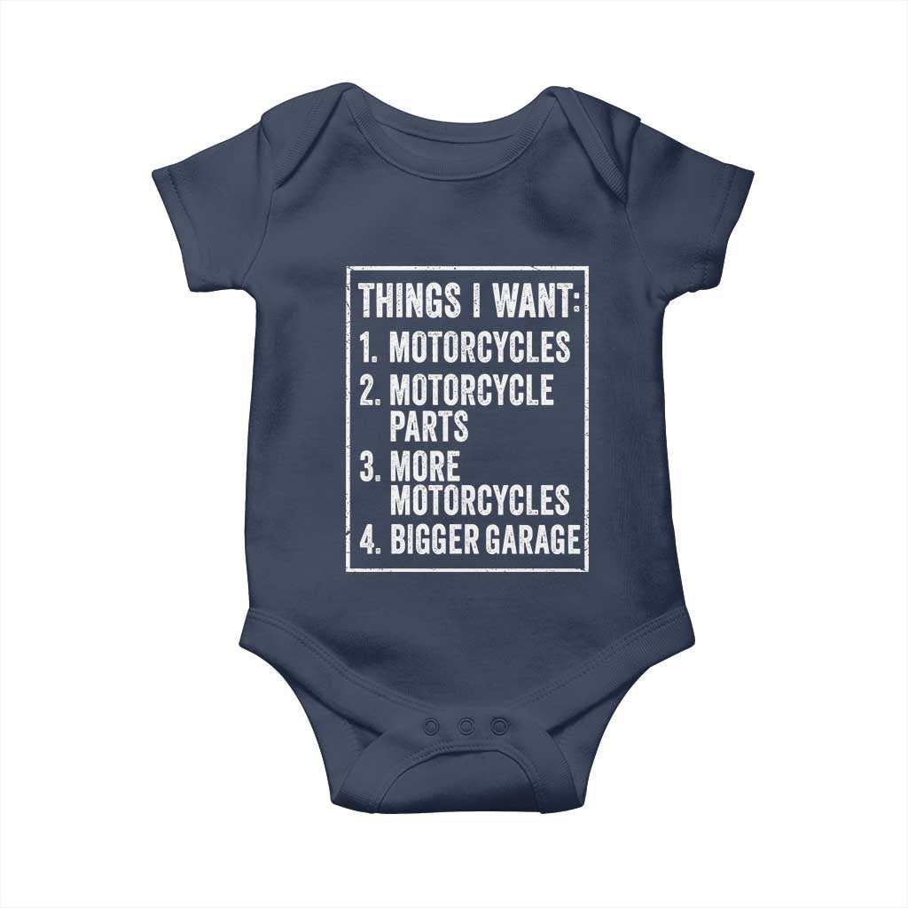 Funny Motorcycle Lovers Baby Onesie Things I Want Vintage Garage Graphic Bikers Club TS10 Navy Print Your Wear