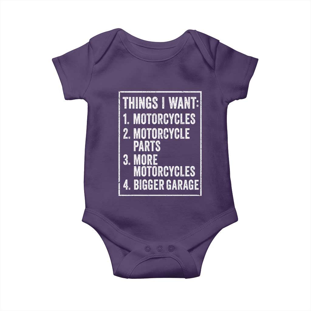 Funny Motorcycle Lovers Baby Onesie Things I Want Vintage Garage Graphic Bikers Club TS10 Purple Print Your Wear