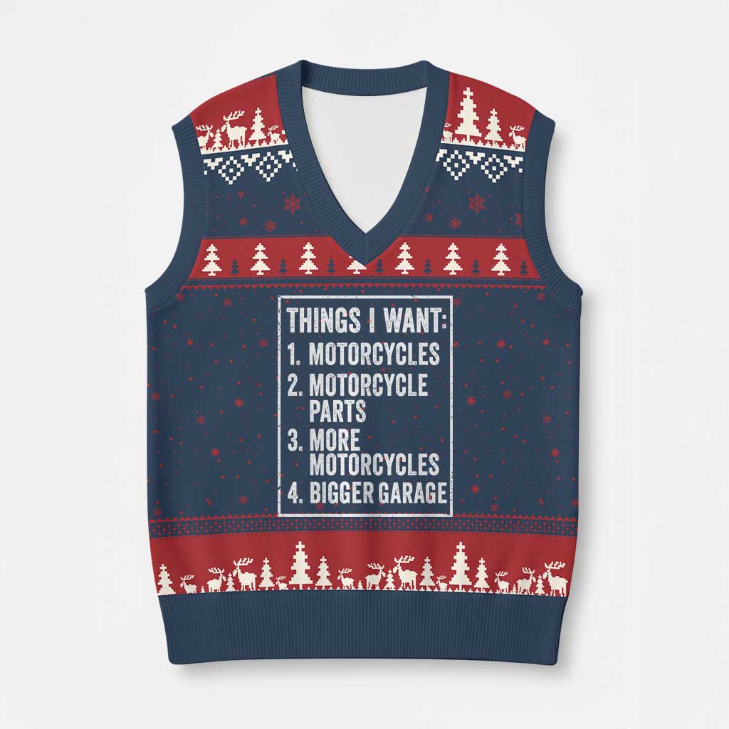 Funny Motorcycle Lovers V-Neck Knit Sweater Vest Things I Want Vintage Garage Graphic Bikers Club TS10 Navy Red Print Your Wear