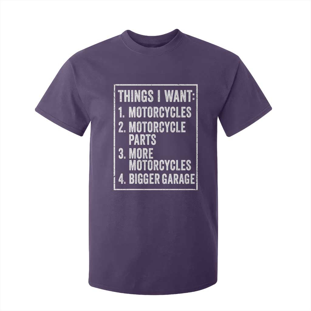 Funny Motorcycle Lovers T Shirt For Kid Things I Want Vintage Garage Graphic Bikers Club TS10 Purple Print Your Wear
