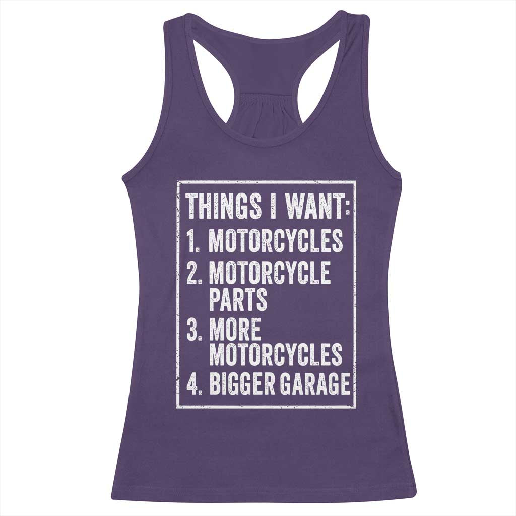 Funny Motorcycle Lovers Racerback Tank Top Things I Want Vintage Garage Graphic Bikers Club TS10 Purple Print Your Wear