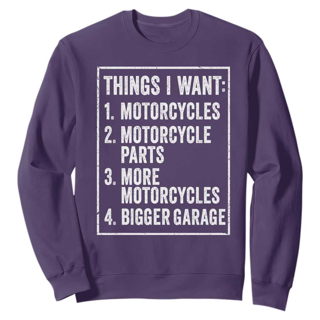 Funny Motorcycle Lovers Sweatshirt Things I Want Vintage Garage Graphic Bikers Club TS10 Purple Print Your Wear