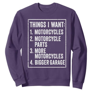 Funny Motorcycle Lovers Sweatshirt Things I Want Vintage Garage Graphic Bikers Club TS10 Purple Print Your Wear