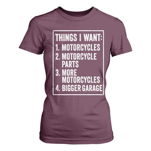 Funny Motorcycle Lovers T Shirt For Women Things I Want Vintage Garage Graphic Bikers Club TS10 Maroon Print Your Wear