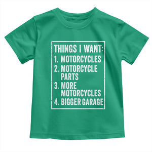 Funny Motorcycle Lovers Toddler T Shirt Things I Want Vintage Garage Graphic Bikers Club TS10 Irish Green Print Your Wear