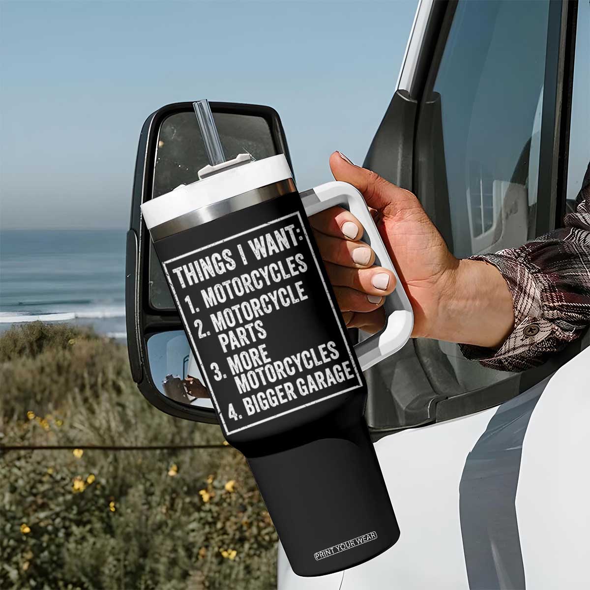 Funny Motorcycle Lovers Tumbler With Handle Things I Want Vintage Garage Graphic Bikers Club TS10 Print Your Wear