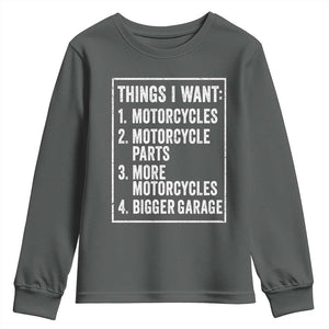 Funny Motorcycle Lovers Youth Sweatshirt Things I Want Vintage Garage Graphic Bikers Club TS10 Dark Heather Print Your Wear