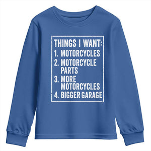 Funny Motorcycle Lovers Youth Sweatshirt Things I Want Vintage Garage Graphic Bikers Club TS10 Royal Blue Print Your Wear