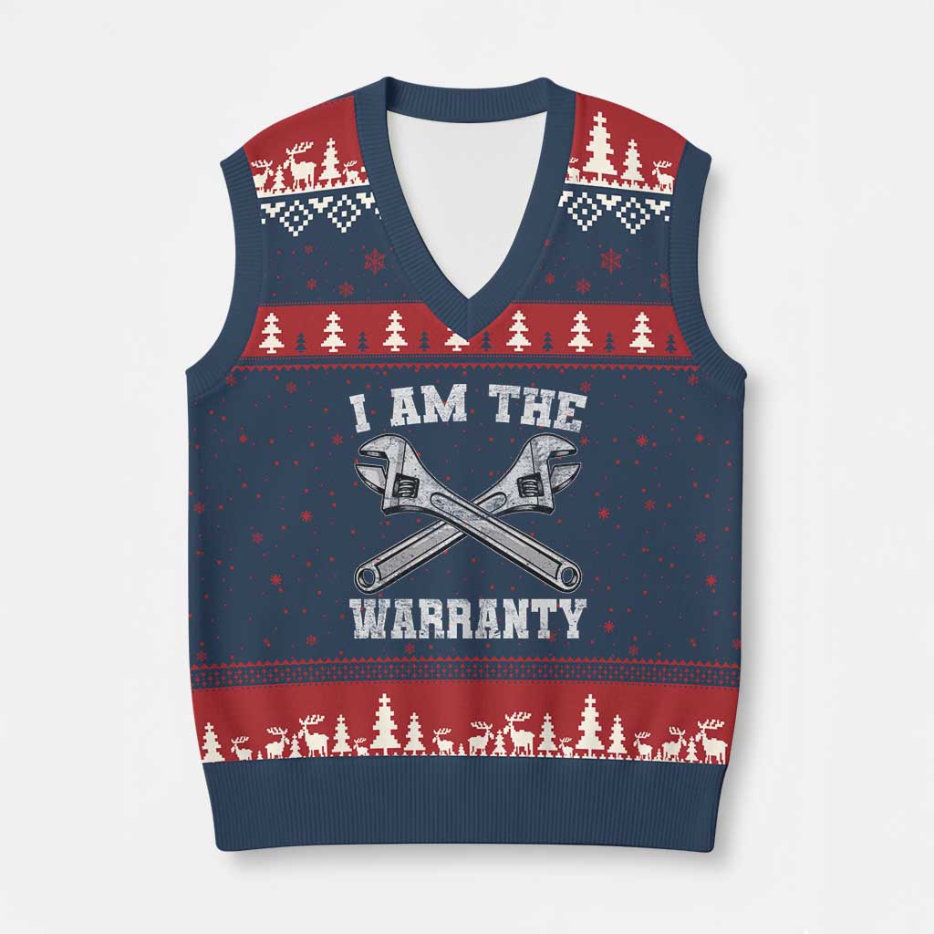 I Am The Warranty Mechanic V-Neck Knit Sweater Vest Car Repair Funny Handyman Distressed Graphic TS10 Navy Red Print Your Wear
