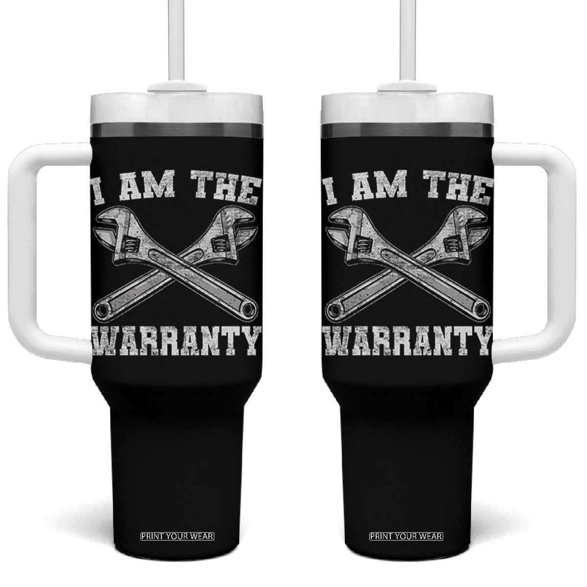 I Am The Warranty Mechanic Tumbler With Handle Car Repair Funny Handyman Distressed Graphic TS10 One Size: 40 oz Black Print Your Wear