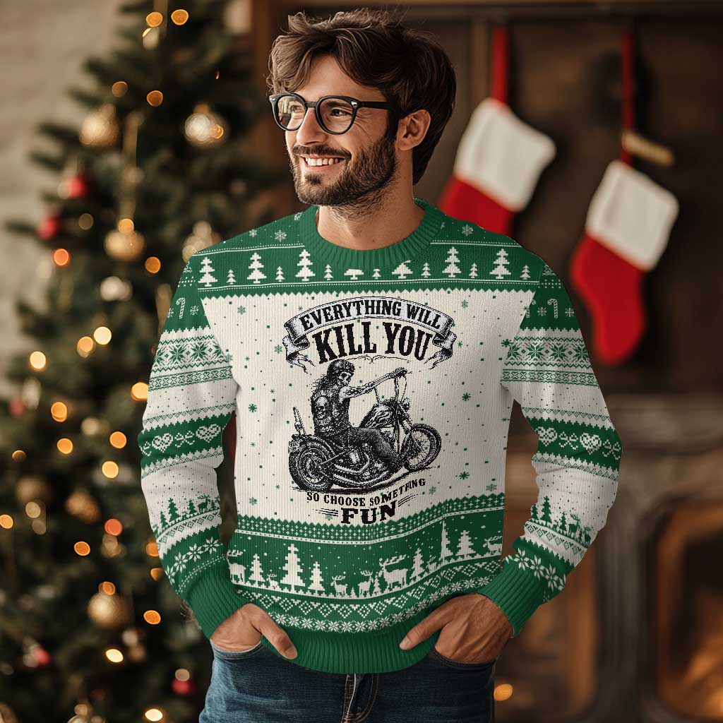 Skeleton Biker Vintage Motorcycle Graphic Ugly Christmas Sweater Everything Will Kill You So Choose Something Fun TS10 Beige Green Print Your Wear