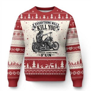 Skeleton Biker Vintage Motorcycle Graphic Ugly Christmas Sweater Everything Will Kill You So Choose Something Fun TS10 Beige Red Print Your Wear