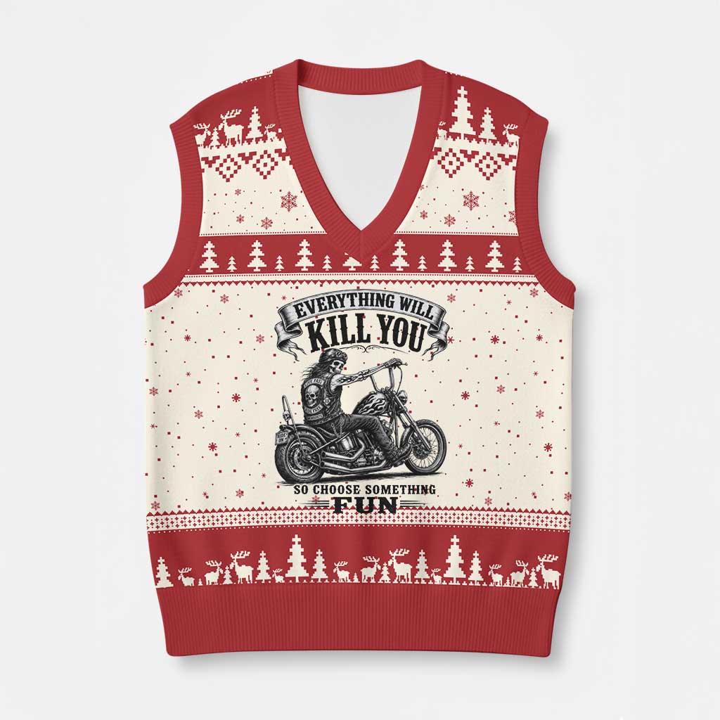 Skeleton Biker Vintage Motorcycle Graphic V-Neck Knit Sweater Vest Everything Will Kill You So Choose Something Fun TS10 Beige Red Print Your Wear